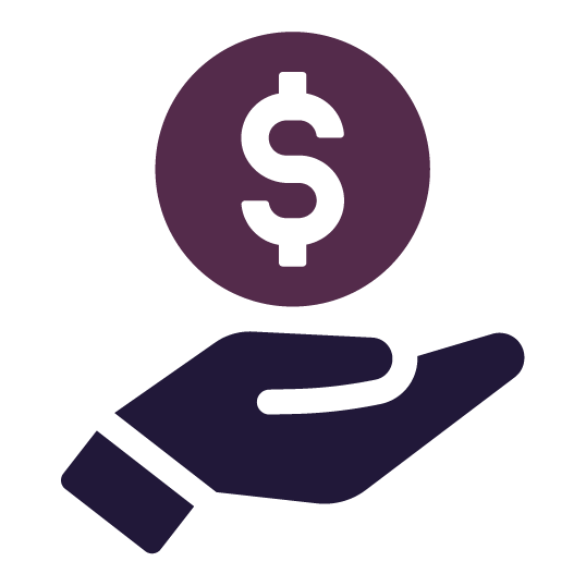 Hand holding a purple coin with a white dollar sign, symbolizing investment or financial assistance.