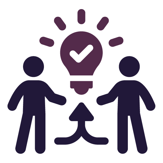 Two people brainstorming, forming an idea; purple lightbulb with check mark.