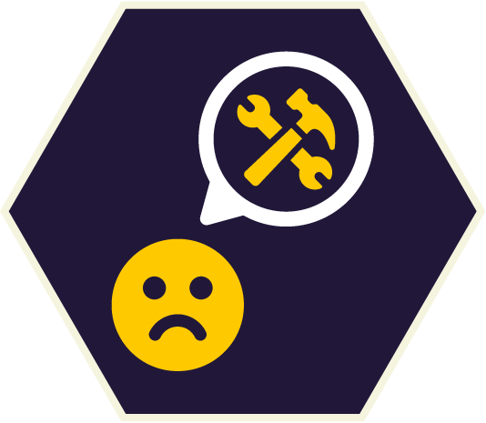Sad yellow face with thought bubble containing yellow wrench and hammer.