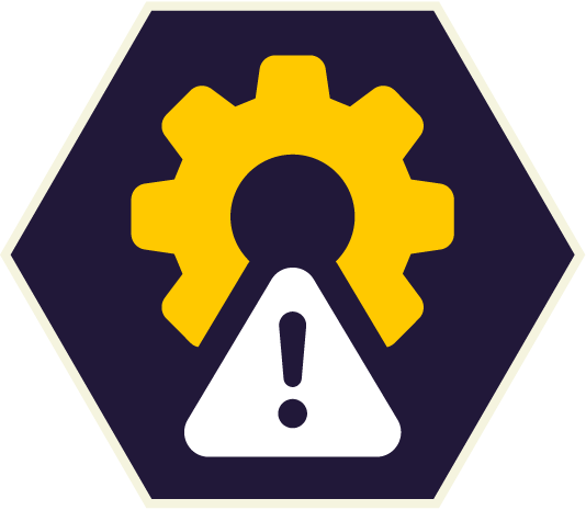 Yellow gear and white warning triangle in a dark blue hexagon.
