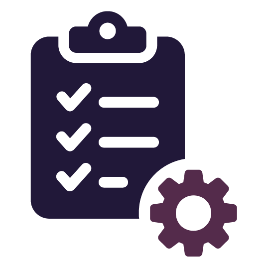 Checklist with gear icon, purple on white background.