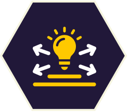 Yellow lightbulb with radiating arrows on a platform, inside a purple hexagon.