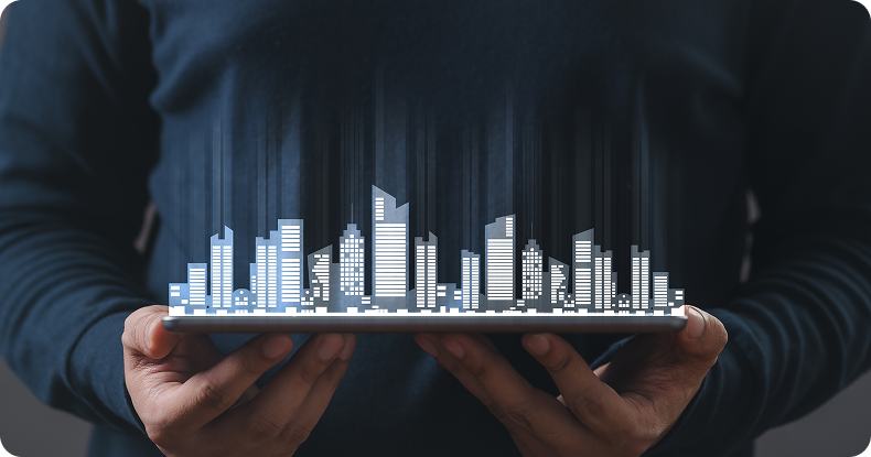 Person holding tablet displaying a holographic cityscape.