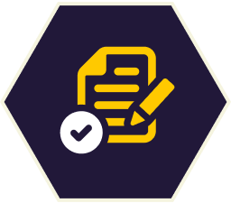 Yellow document and pencil with a checkmark in a white circle, inside a dark blue hexagon.