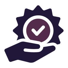 Hand holding a purple and white award with a checkmark, representing quality assurance or achievement.