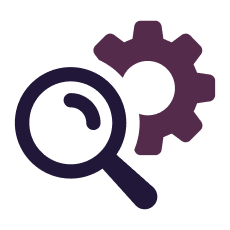 Magnifying glass next to a gear, both in purple hues, suggesting search and settings.