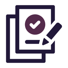 Two documents with a checkmark icon, signature line, and pen.