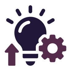 Purple lightbulb with rays of light, a gear, and upward arrow, symbolizing innovation and progress.