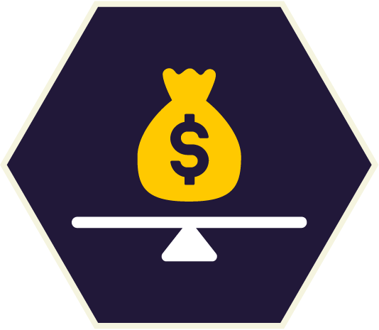 Yellow money bag with a dollar sign balancing on a white scale, set in a dark blue hexagon.