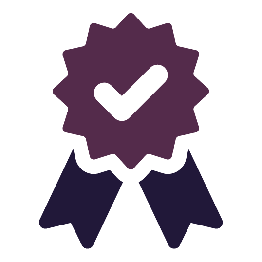 Purple badge with checkmark, two ribbons, signifying quality.