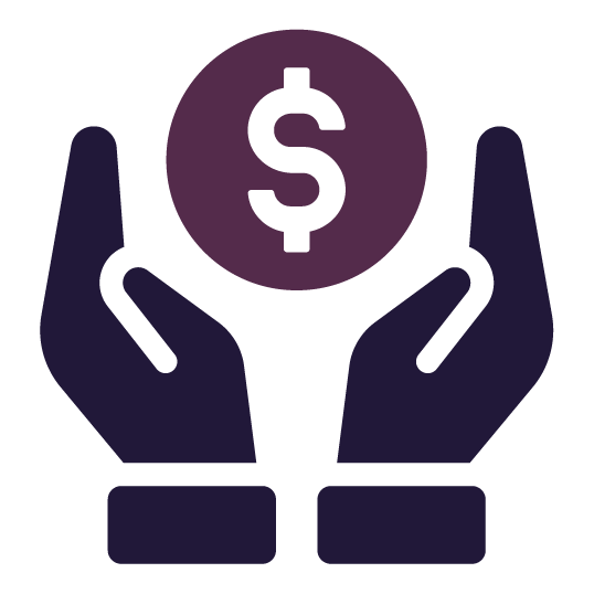 Hands cupping a purple coin with a white dollar sign, symbolizing financial support.