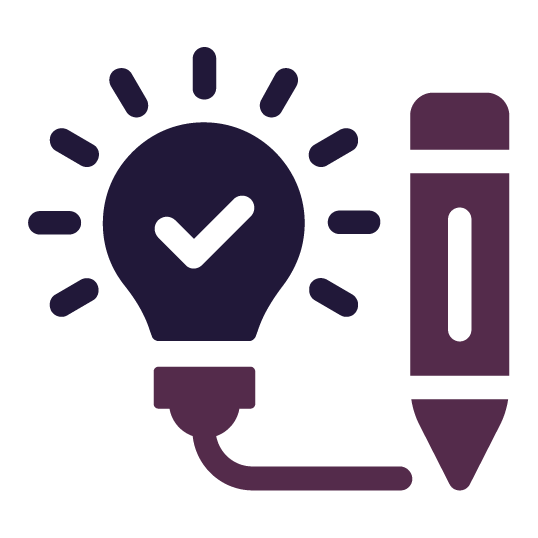 Lightbulb with checkmark radiating light, connected by wire to a purple pencil.