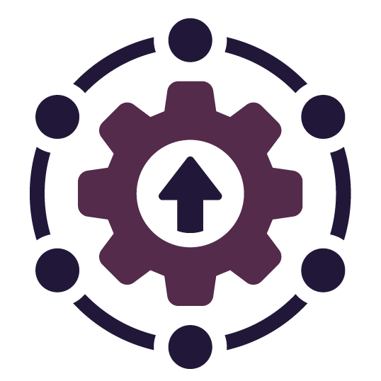 Purple gear with an upward arrow, surrounded by connected dark purple dots.