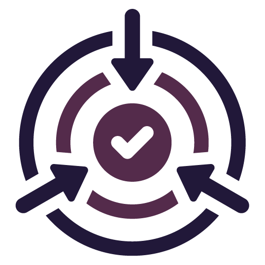 Target icon with arrows converging on a central circle with a checkmark, representing achievement.