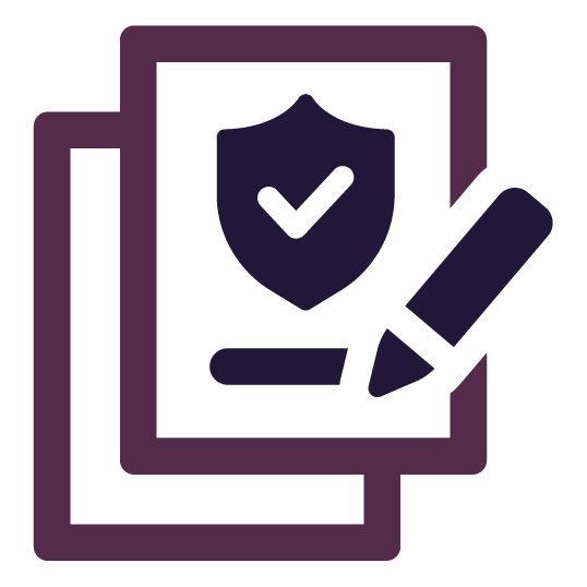Documents with a shield, checkmark, and pen, symbolizing secure agreement or policy.