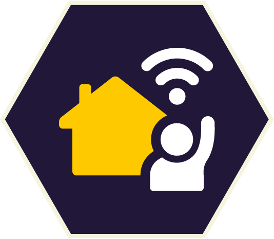 Yellow house, person raising hand, Wi-Fi signal icon in a dark blue hexagon.