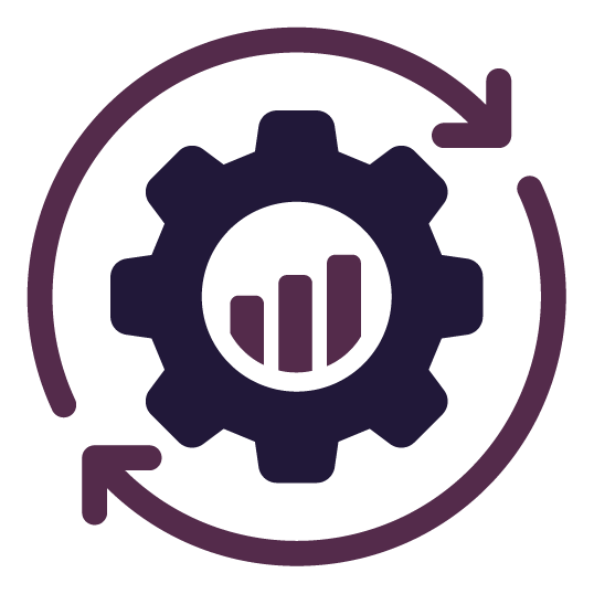 Gear with a bar graph in the center, surrounded by a circular arrow, indicating data processing.