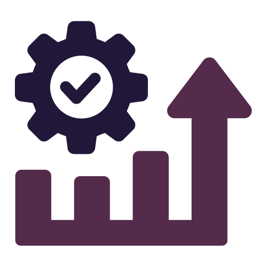 Gear with checkmark over a bar graph showing upward growth in purple.