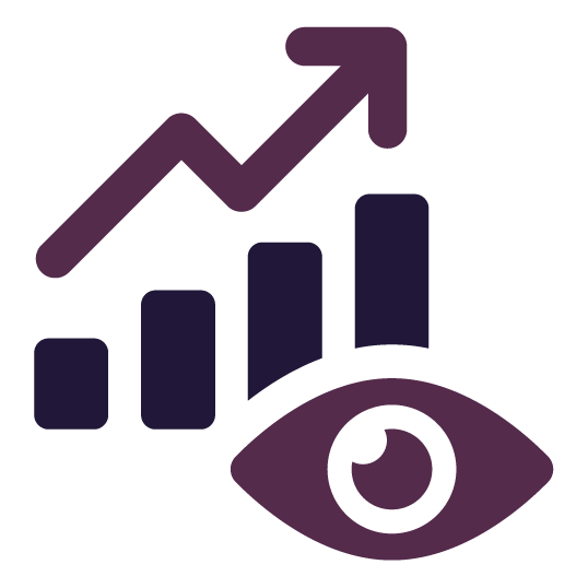 Purple eye icon, bar graph, and upward trend line, representing data analysis and progress.