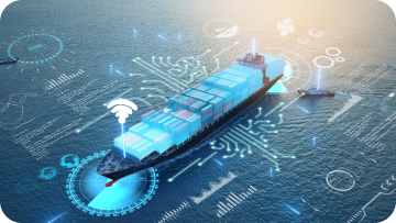 Cargo ship on ocean with digital overlay of circuits and data.
