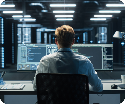 Blonde person at computer monitors in a server room; coding.
