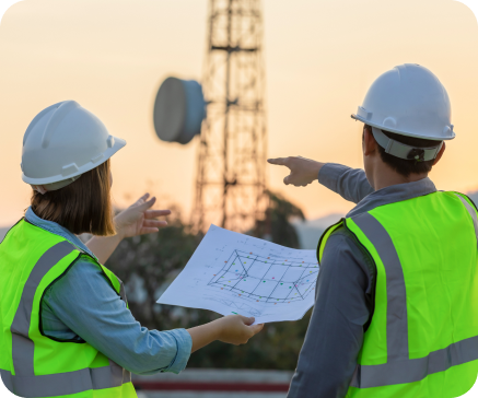 Two engineers in hard hats and vests review blueprints near a communication tower, pointing and discussing plans.