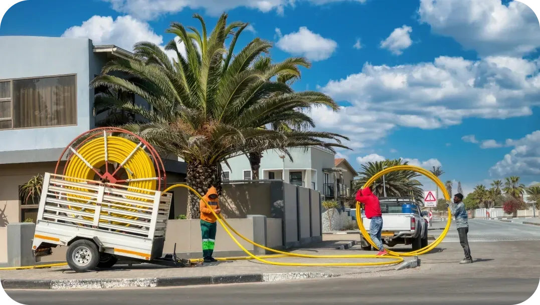 Workers installing yellow cable from a truck on a street, with houses and a palm tree in the background.