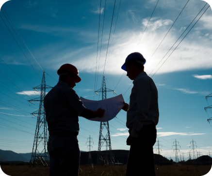 Two men in hard hats reviewing blueprints near power lines against a blue sky.