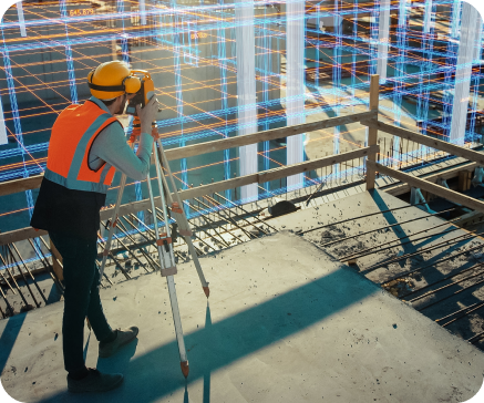 Construction worker using surveying equipment at a construction site, with a digital overlay of the building's structure.