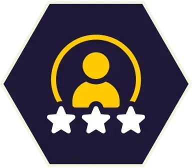 Person icon inside a circle, with three stars, on a dark blue hexagon.