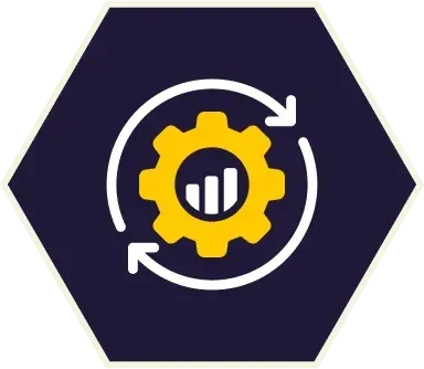 Yellow cog with data bars, encircled by a white refresh icon, set in a dark blue hexagon.