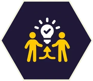 Two yellow figures collaborate to share an idea with a lightbulb and checkmark above them, purple hexagon.