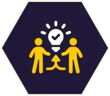 Two yellow figures share an idea with a lightbulb, upwards arrow, and checkmark. Dark blue hexagon.