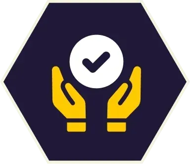 Yellow hands holding a white circle with a checkmark, inside a dark blue hexagon.