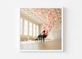 white room, black baby grand piano, pink balloons