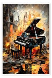 baby grand piano with fire in background