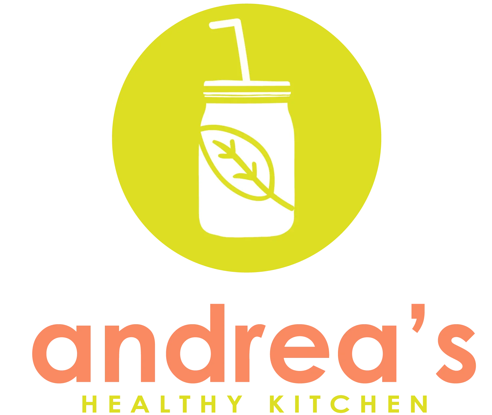 A logo for andrea 's healthy kitchen with a smoothie in a jar