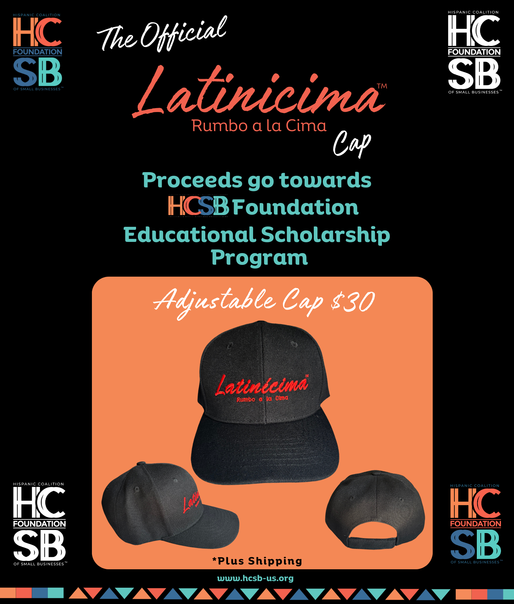 An advertisement for the official latincima cap proceeds go towards hcsb foundation educational scholarship program