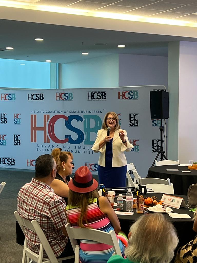 A woman is giving a presentation in front of a wall that says hcsb