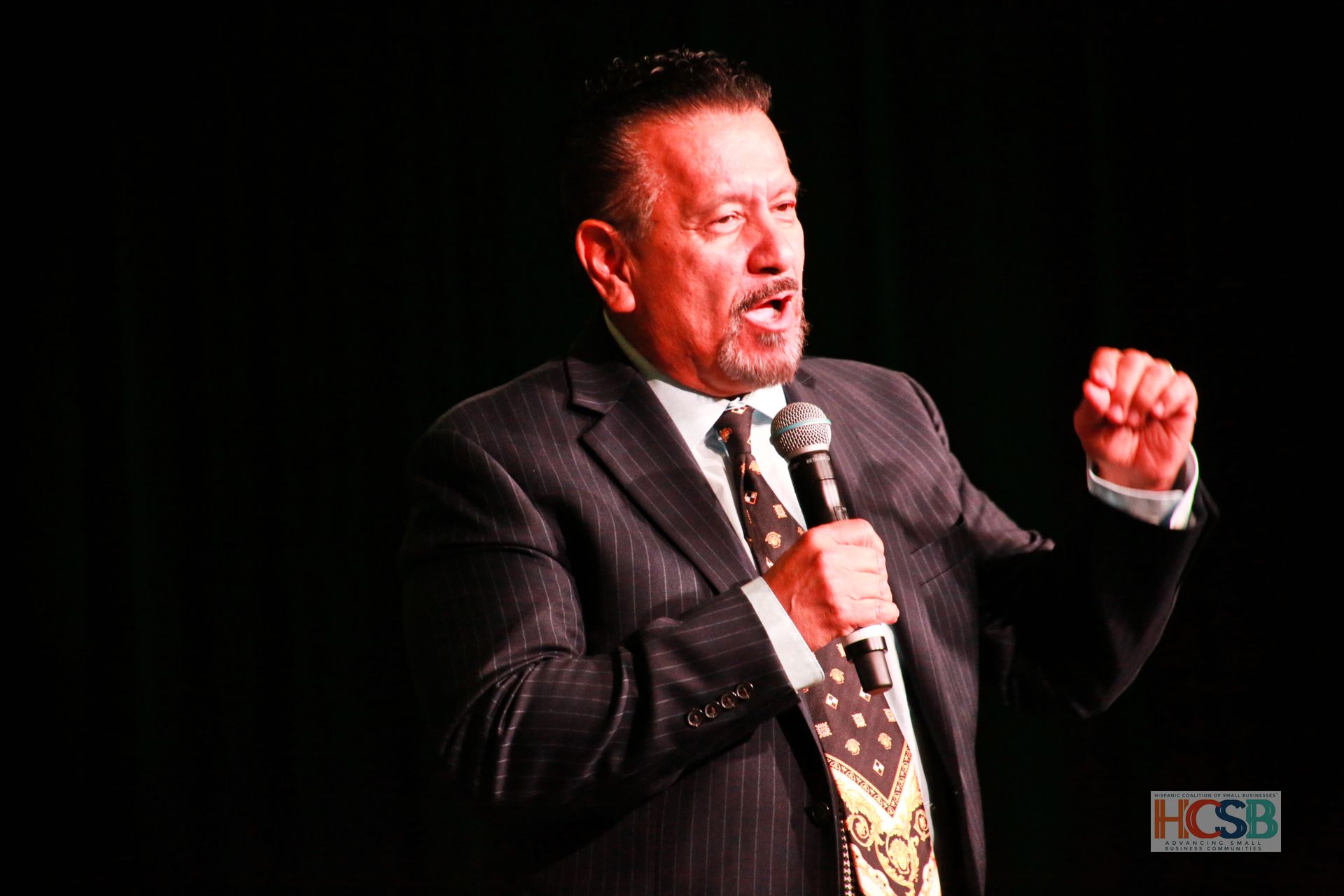 A man in a suit and tie is speaking into a microphone