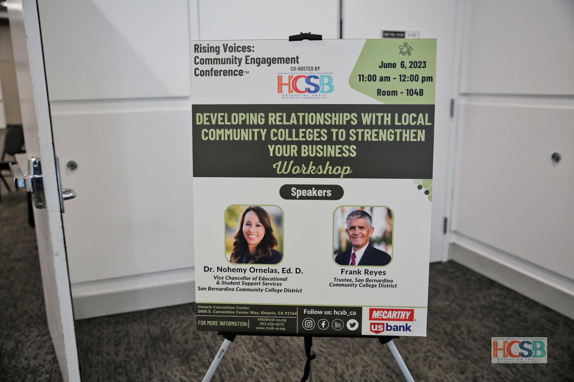 A sign that says developing relationships with local community colleges to strengthen your business workshop