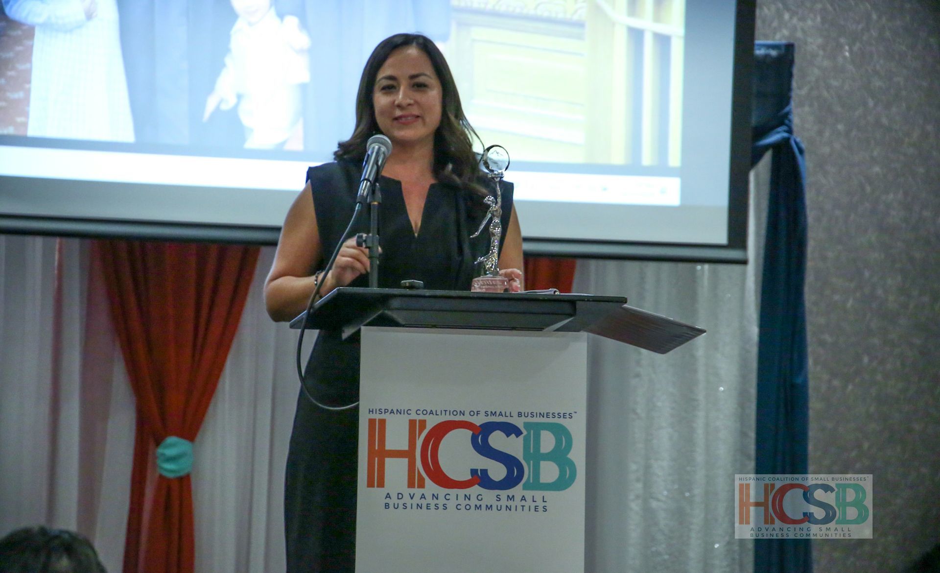 A woman is giving a speech at a podium that says hcsb