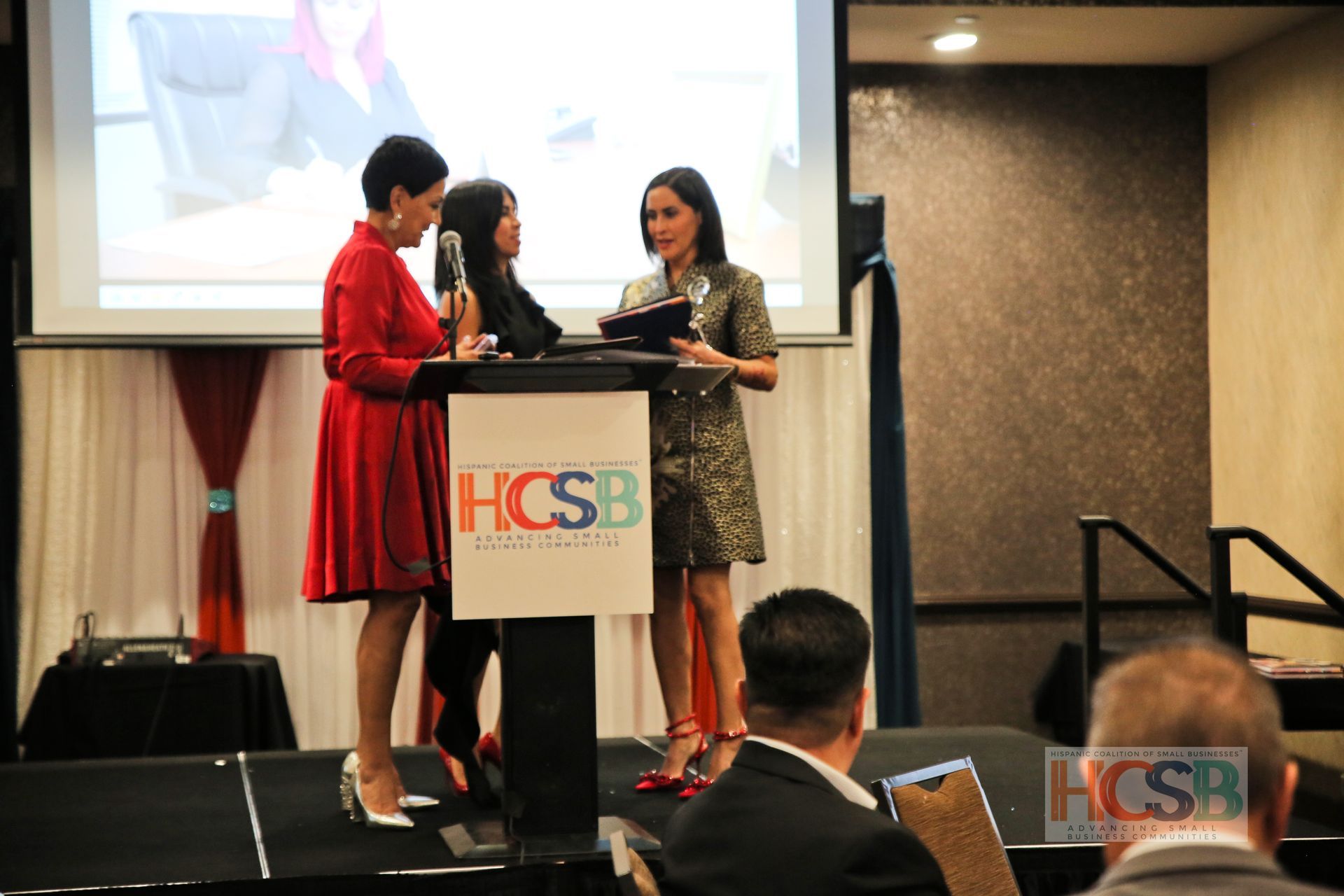 Three women stand behind a podium that says hcsb on it