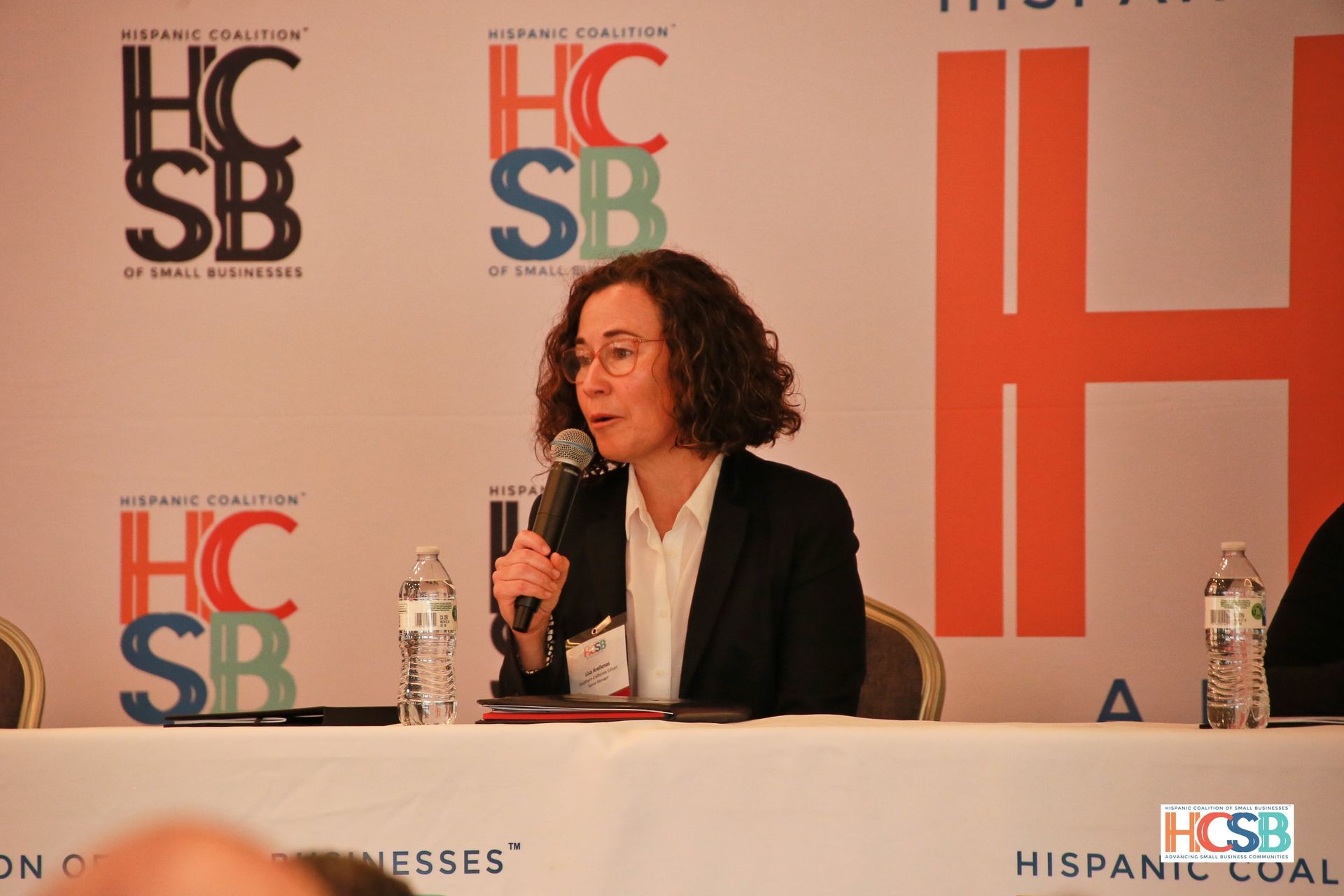 A woman is sitting at a table with a microphone in front of a wall that says hc sb