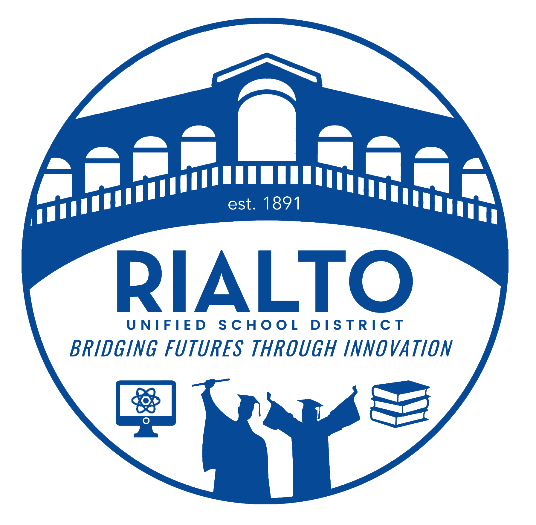 The logo for rialto unified school district bridges futures through innovation