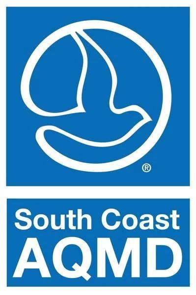 A blue and white logo for south coast aqmd