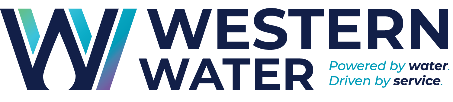 A logo for western water powered by water driven by service