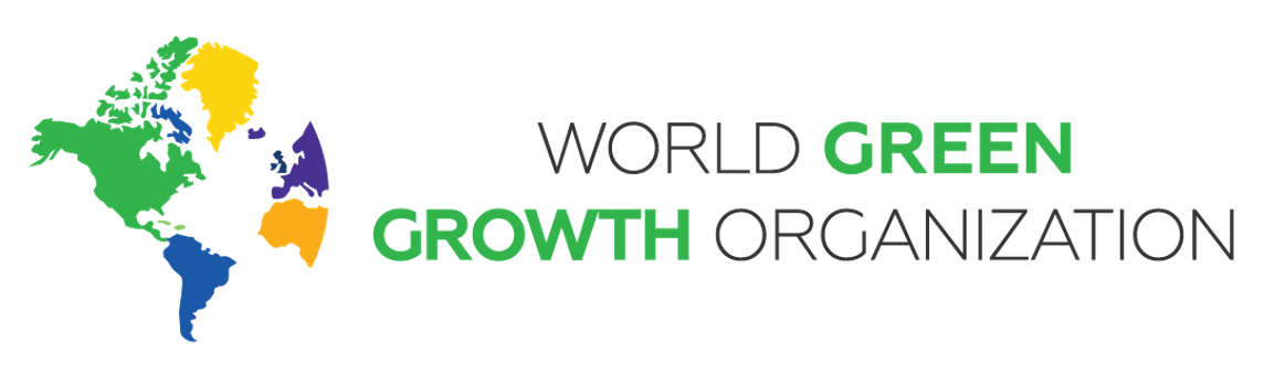A logo for the world green growth organization with a map of the world.