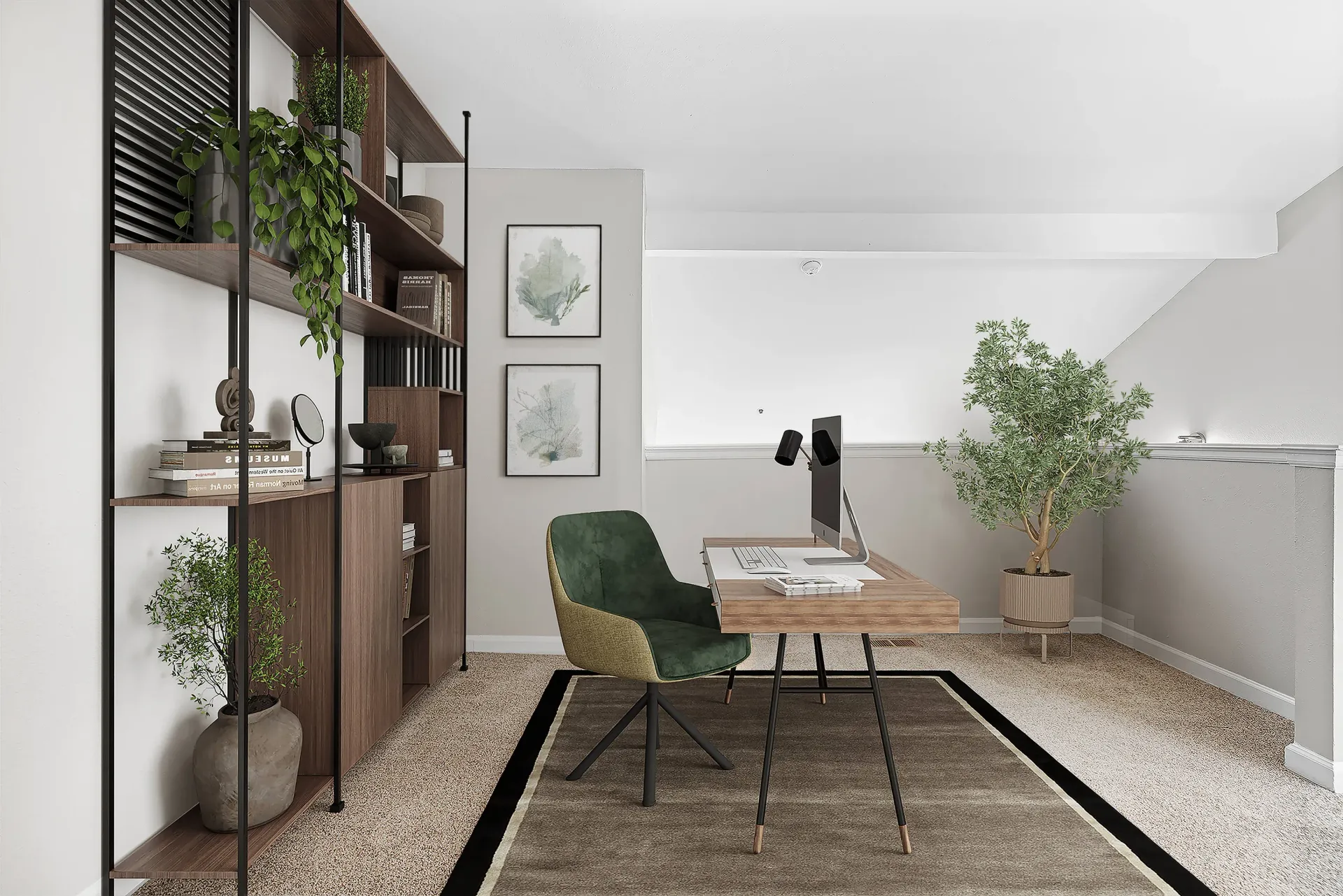 Modern home office with wooden desk, green chair, shelving unit, and potted plants.