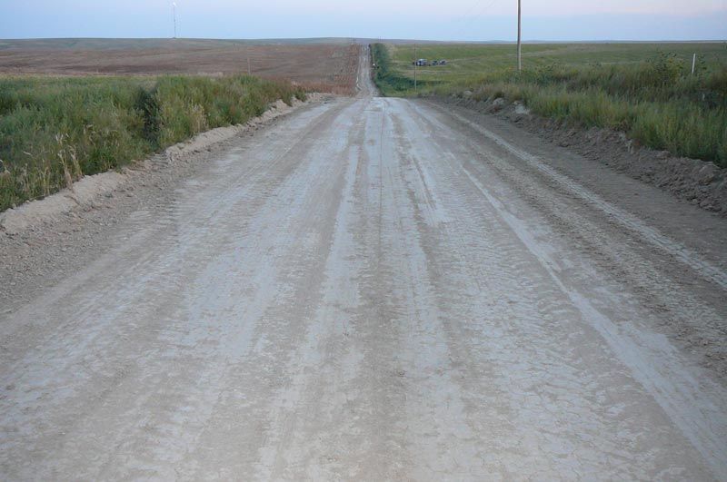 A dirt road going through a grassy field.